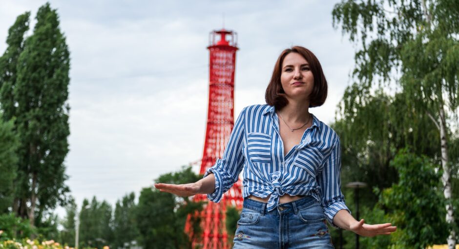 woman in blue and white striped button up shirt